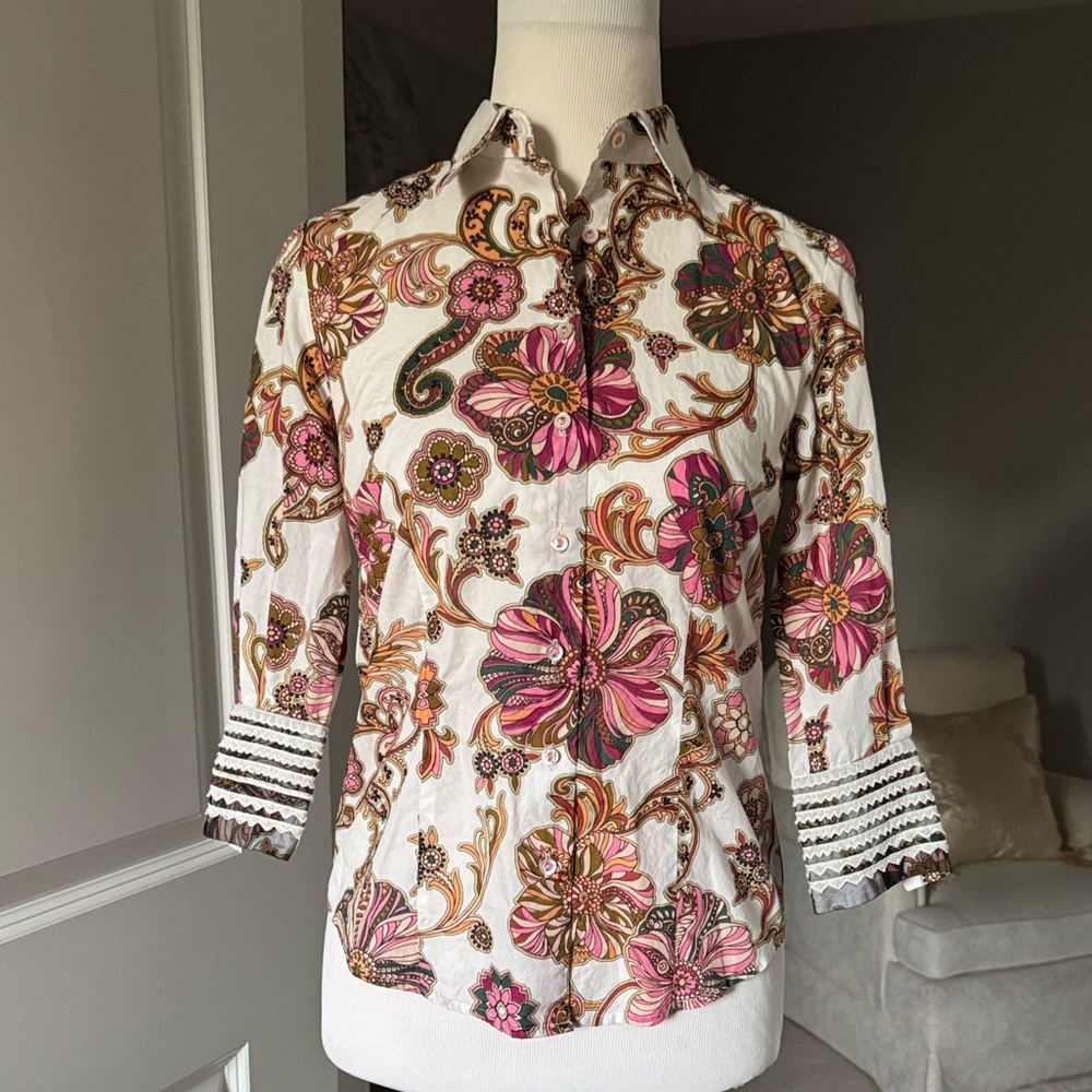 Robert Graham Floral Print Button Down Shirt 3/4 sleeve XS